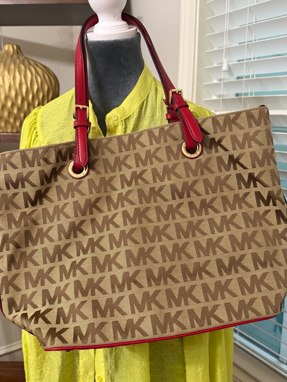 Michael Kors Brown MK Logo Tote with Red Trim